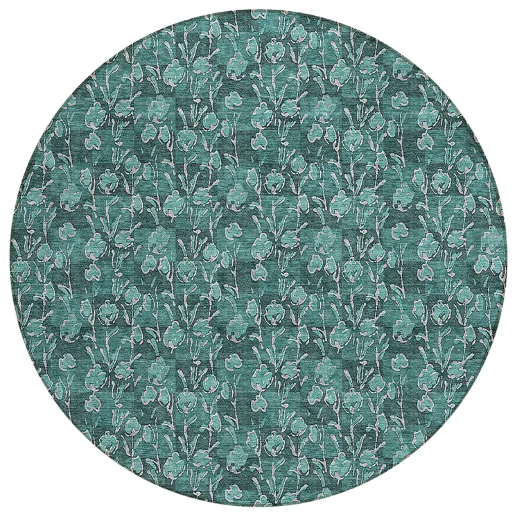 8' Teal Blue Aqua And Ivory Round Floral Washable Indoor Outdoor Area Rug