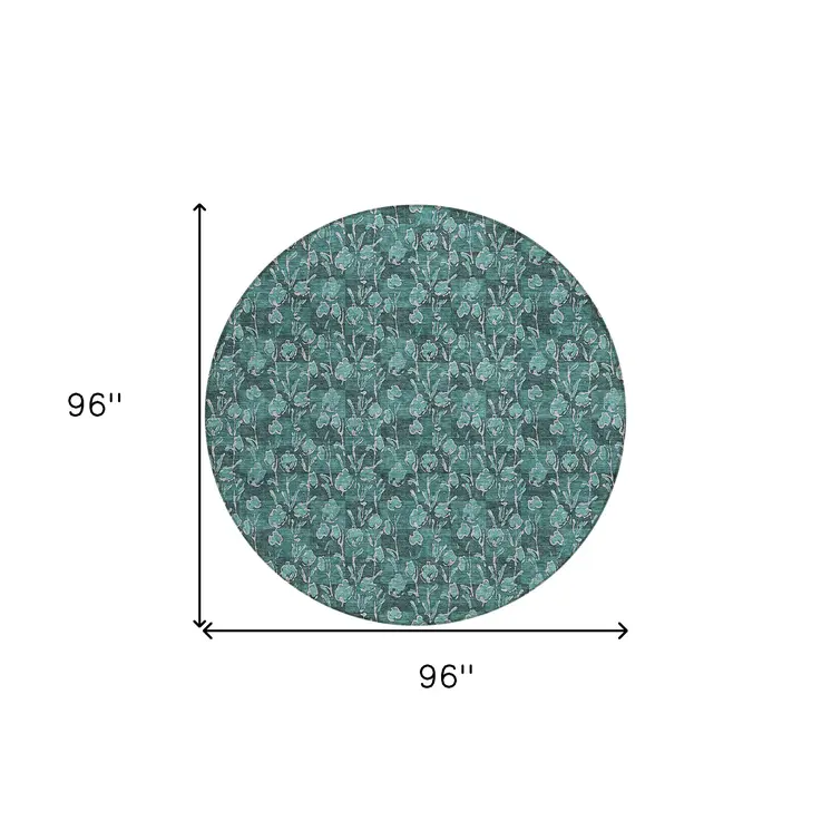 8' Teal Blue Aqua And Ivory Round Floral Washable Indoor Outdoor Area Rug