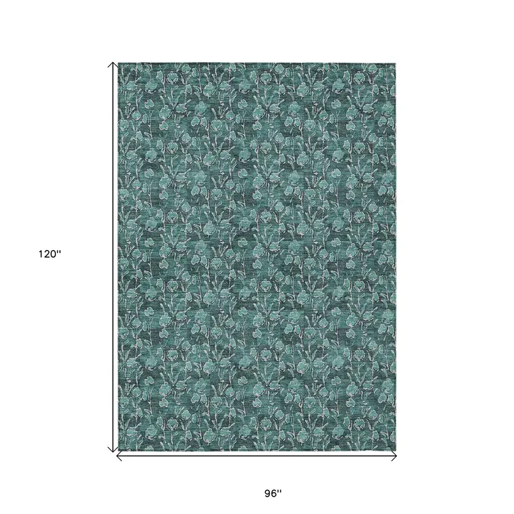 8' X 10' Teal Blue Aqua And Ivory Floral Washable Indoor Outdoor Area Rug