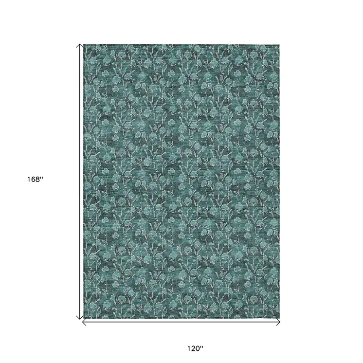 10' X 14' Teal Blue Aqua And Ivory Floral Washable Indoor Outdoor Area Rug