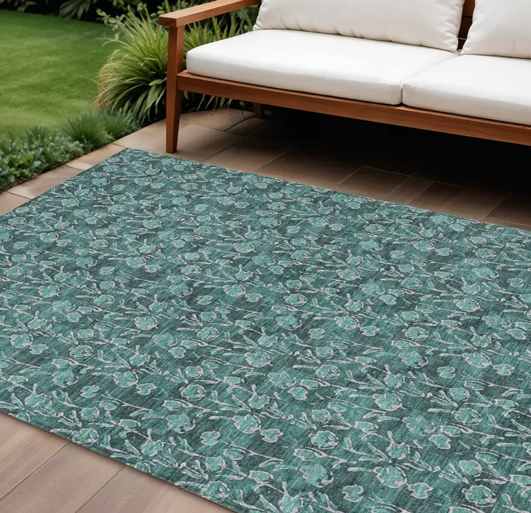 10' X 14' Teal Blue Aqua And Ivory Floral Washable Indoor Outdoor Area Rug