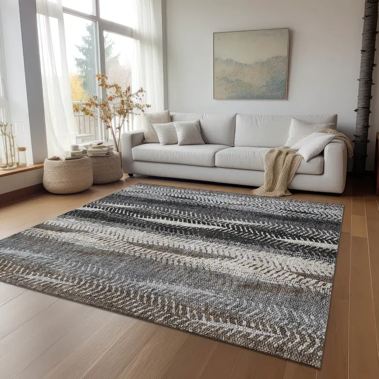 3' X 5' Brown Gray And Ivory Botanical Leaves Washable Indoor Outdoor Area Rug