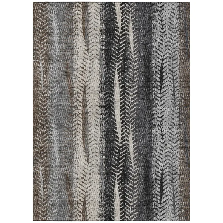 5' X 8' Brown Gray And Ivory Botanical Leaves Washable Indoor Outdoor Area Rug