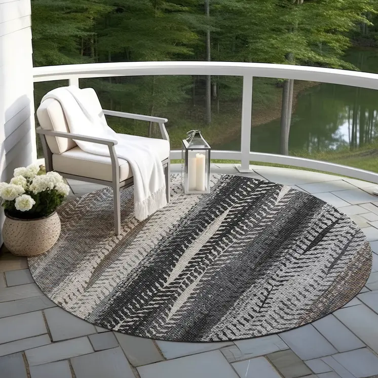 8' Brown Gray And Ivory Round Botanical Leaves Washable Indoor Outdoor Area Rug