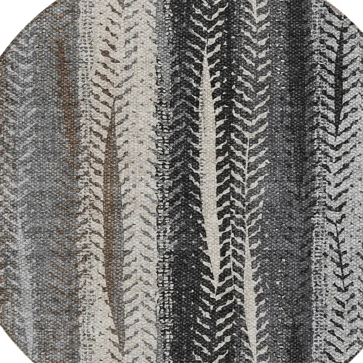 8' Brown Gray And Ivory Round Botanical Leaves Washable Indoor Outdoor Area Rug