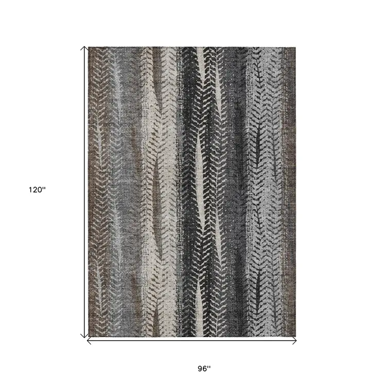 8' X 10' Brown Gray And Ivory Botanical Leaves Washable Indoor Outdoor Area Rug