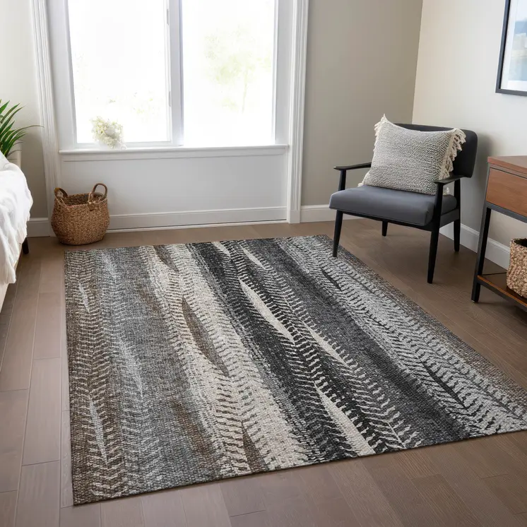 8' X 10' Brown Gray And Ivory Botanical Leaves Washable Indoor Outdoor Area Rug