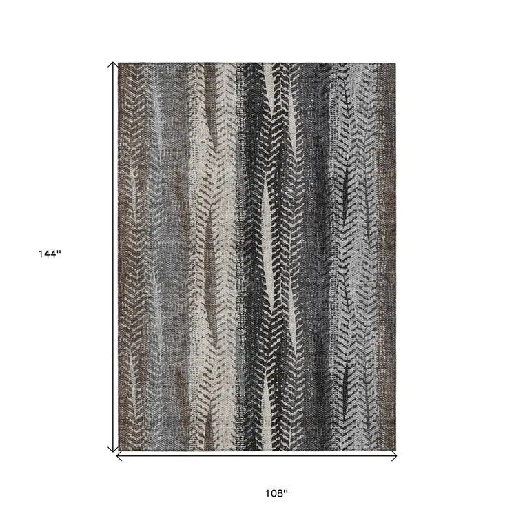 9' X 12' Brown Gray And Ivory Botanical Leaves Washable Indoor Outdoor Area Rug