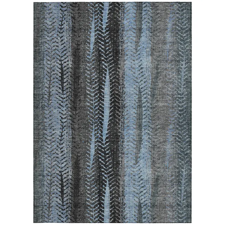 3' X 5' Blue Gray And Charcoal Botanical Leaves Washable Indoor Outdoor Area Rug