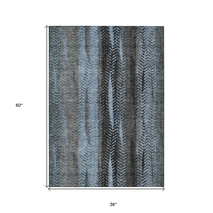 3' X 5' Blue Gray And Charcoal Botanical Leaves Washable Indoor Outdoor Area Rug