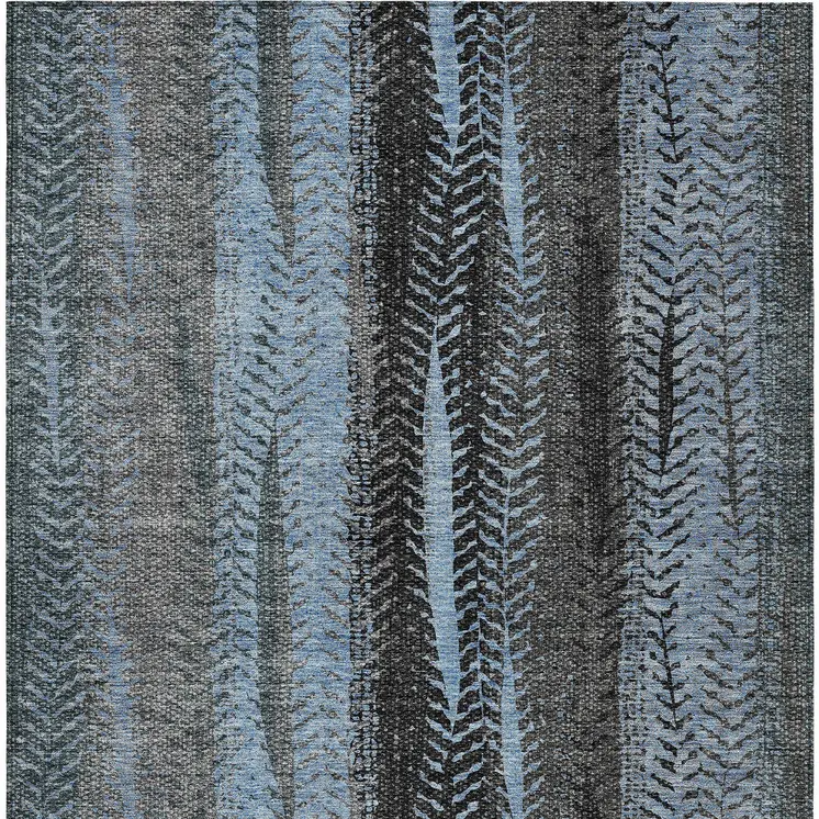 5' X 8' Blue Gray And Charcoal Botanical Leaves Washable Indoor Outdoor Area Rug