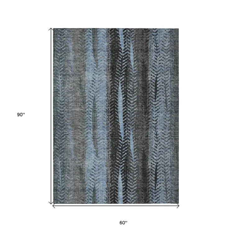 5' X 8' Blue Gray And Charcoal Botanical Leaves Washable Indoor Outdoor Area Rug