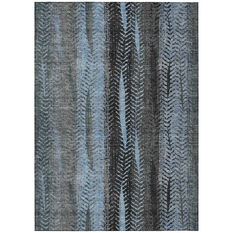 5' X 8' Blue Gray And Charcoal Botanical Leaves Washable Indoor Outdoor Area Rug