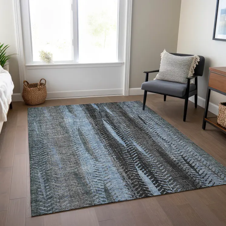 5' X 8' Blue Gray And Charcoal Botanical Leaves Washable Indoor Outdoor Area Rug