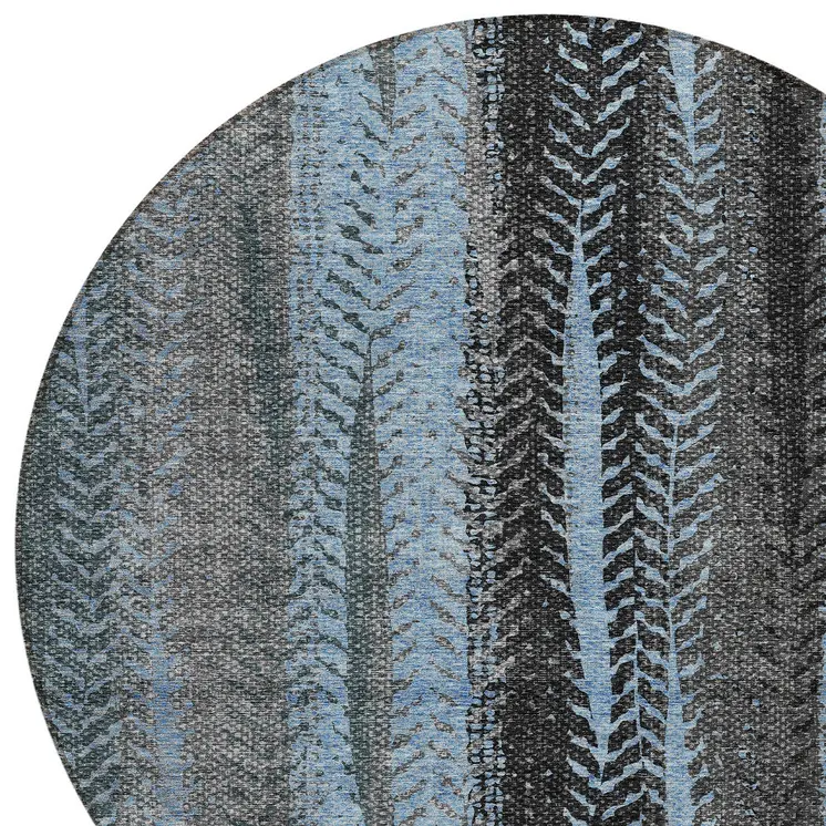 8' Blue Gray And Charcoal Round Botanical Leaves Washable Indoor Outdoor Area Rug