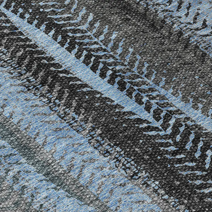 8' Blue Gray And Charcoal Round Botanical Leaves Washable Indoor Outdoor Area Rug