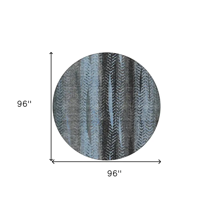 8' Blue Gray And Charcoal Round Botanical Leaves Washable Indoor Outdoor Area Rug