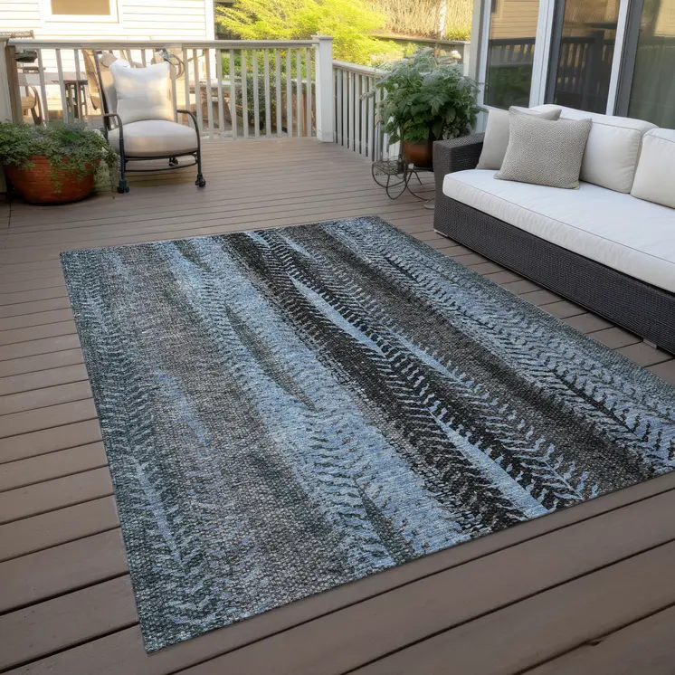 8' X 10' Blue Gray And Charcoal Botanical Leaves Washable Indoor Outdoor Area Rug