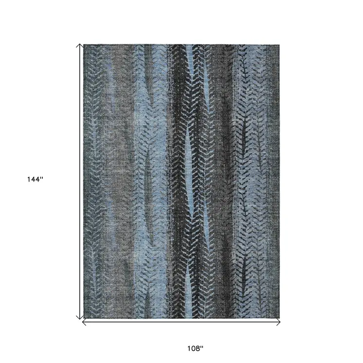 9' X 12' Blue Gray And Charcoal Botanical Leaves Washable Indoor Outdoor Area Rug