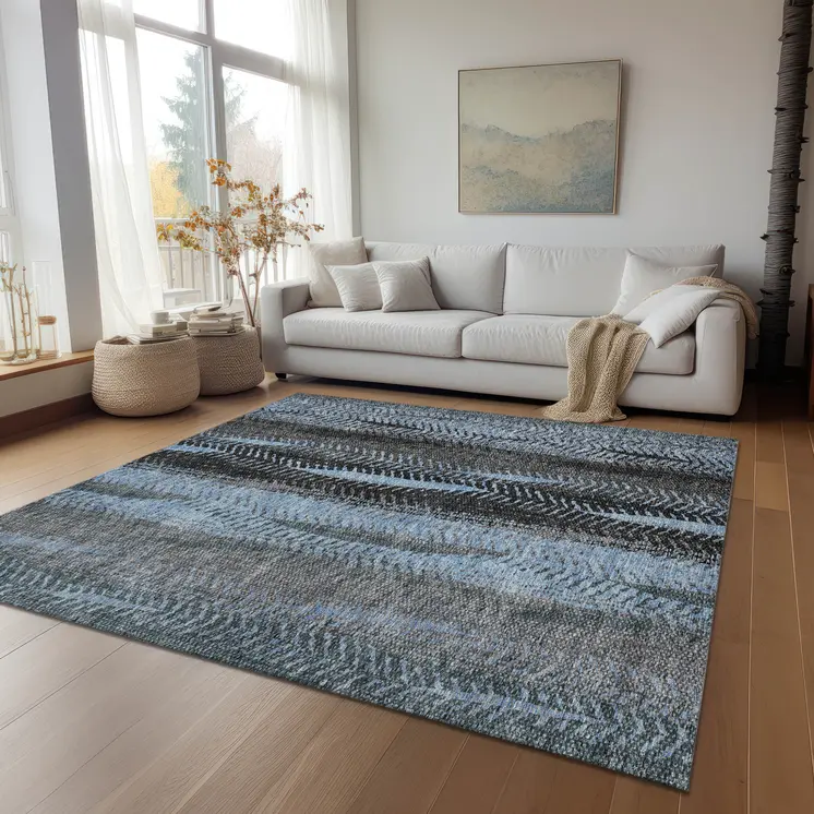 9' X 12' Blue Gray And Charcoal Botanical Leaves Washable Indoor Outdoor Area Rug