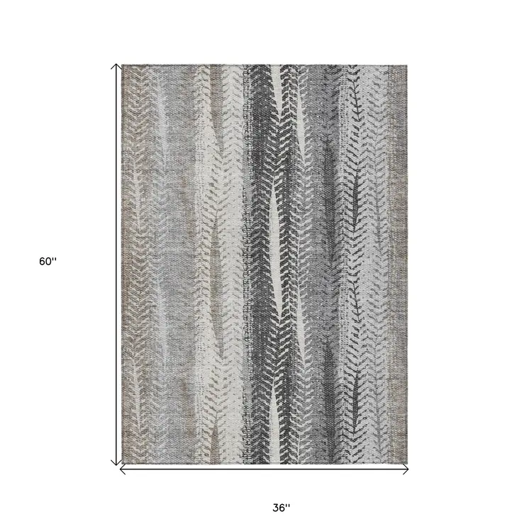 3' X 5' Khaki Ivory And Gray Botanical Leaves Washable Indoor Outdoor Area Rug