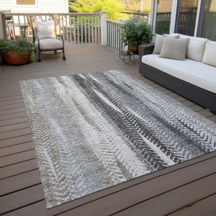 3' X 5' Khaki Ivory And Gray Botanical Leaves Washable Indoor Outdoor Area Rug