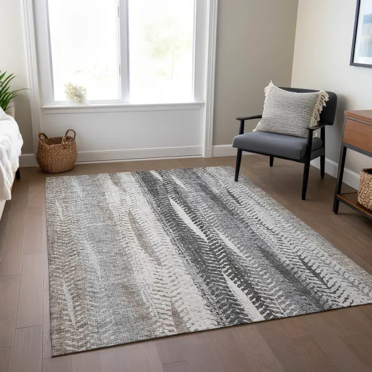3' X 5' Khaki Ivory And Gray Botanical Leaves Washable Indoor Outdoor Area Rug