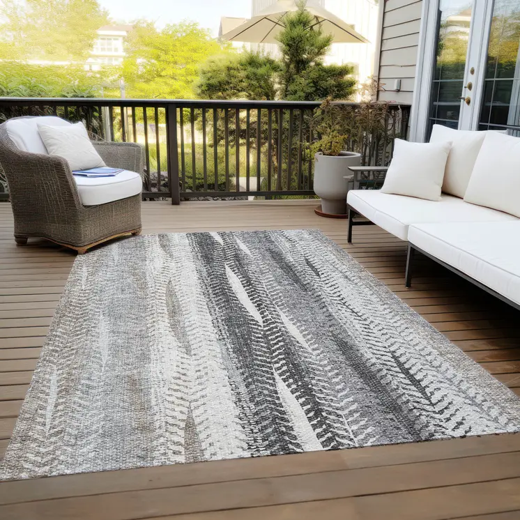 3' X 5' Khaki Ivory And Gray Botanical Leaves Washable Indoor Outdoor Area Rug