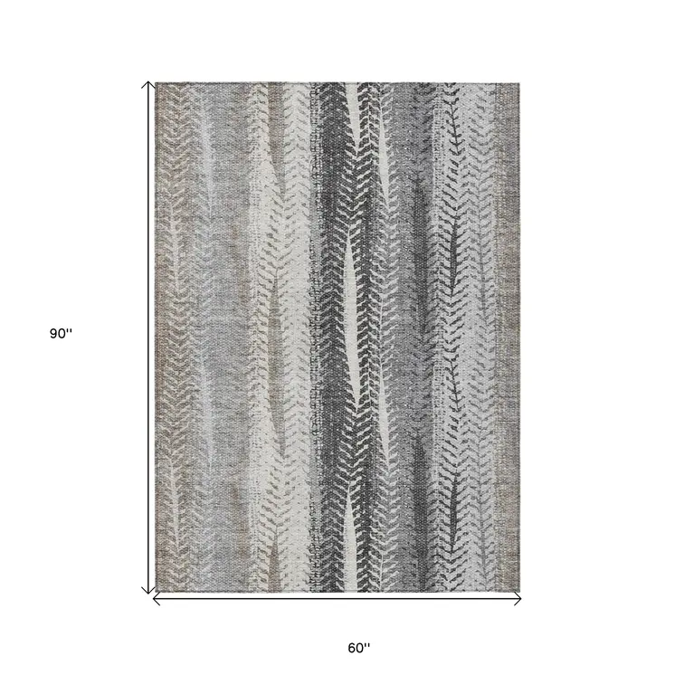 5' X 8' Khaki Ivory And Gray Botanical Leaves Washable Indoor Outdoor Area Rug