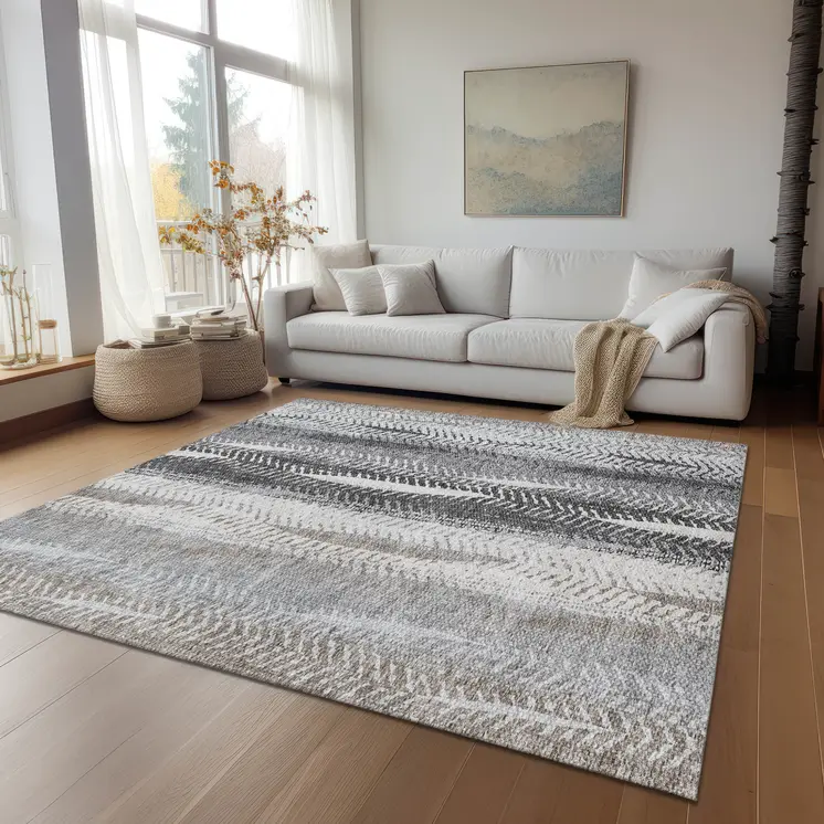 5' X 8' Khaki Ivory And Gray Botanical Leaves Washable Indoor Outdoor Area Rug