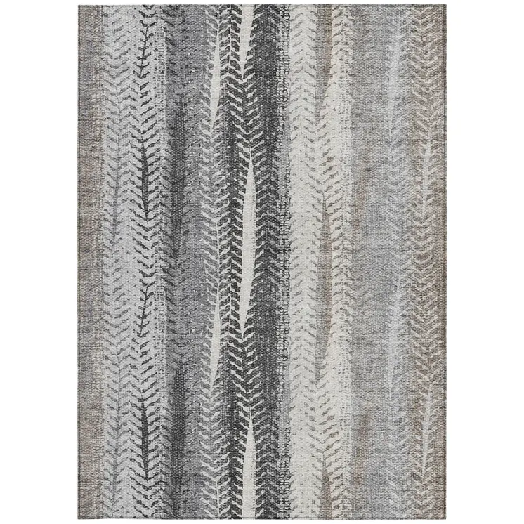 8' X 10' Khaki Ivory And Gray Botanical Leaves Washable Indoor Outdoor Area Rug