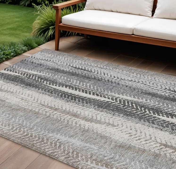 9' X 12' Khaki Ivory And Gray Botanical Leaves Washable Indoor Outdoor Area Rug