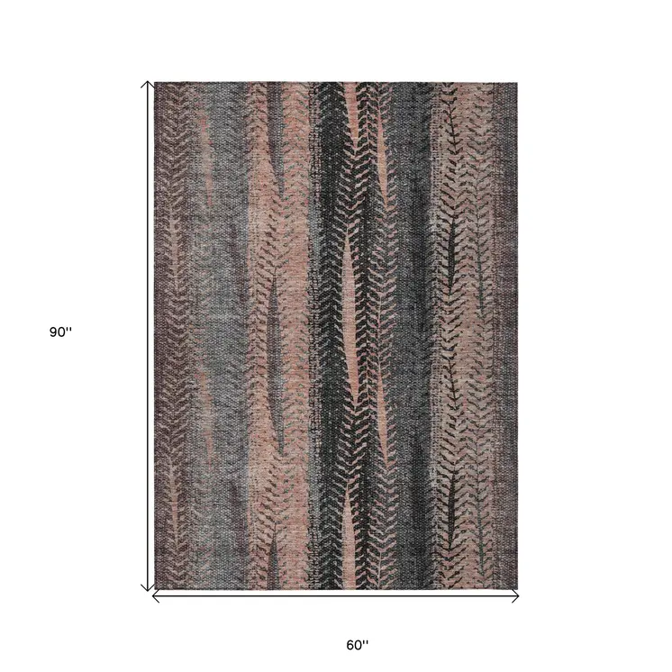 5' X 8' Blue Charcoal And Copper Botanical Leaves Washable Indoor Outdoor Area Rug
