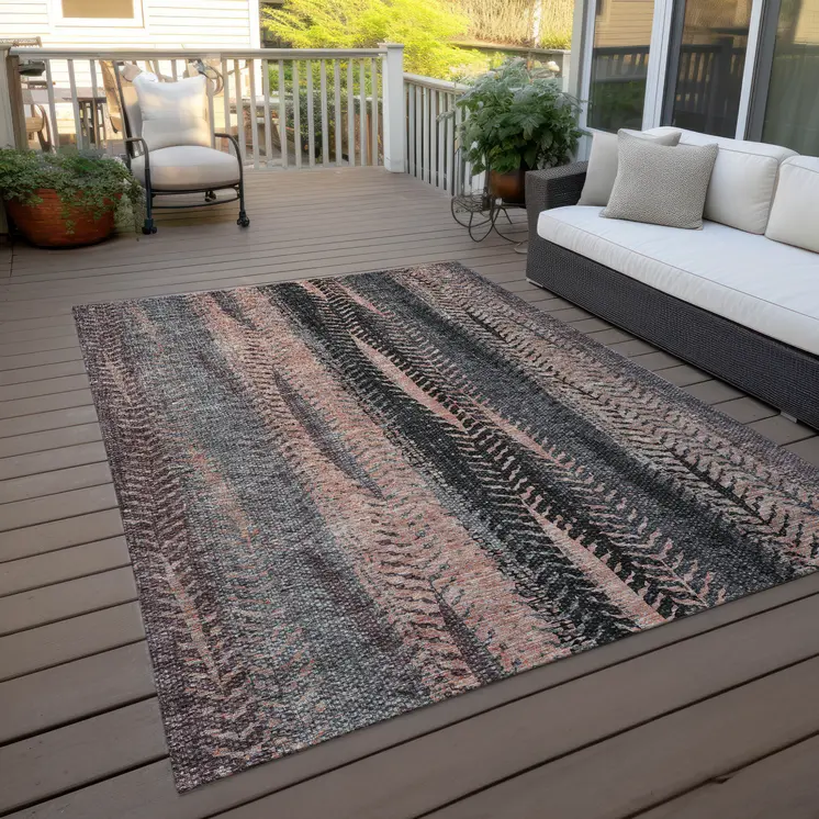 5' X 8' Blue Charcoal And Copper Botanical Leaves Washable Indoor Outdoor Area Rug