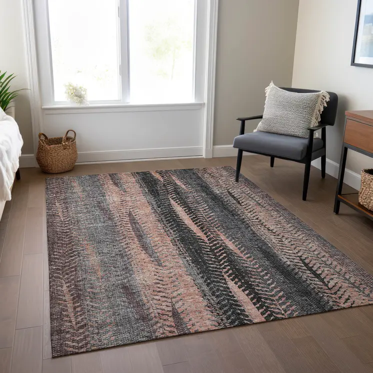5' X 8' Blue Charcoal And Copper Botanical Leaves Washable Indoor Outdoor Area Rug