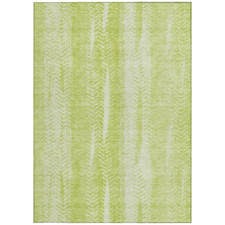 3' X 5' Artichoke Green And Ivory Botanical Leaves Washable Indoor Outdoor Area Rug