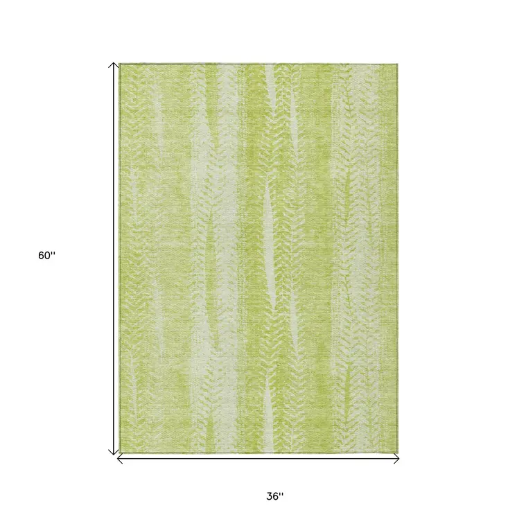 3' X 5' Artichoke Green And Ivory Botanical Leaves Washable Indoor Outdoor Area Rug