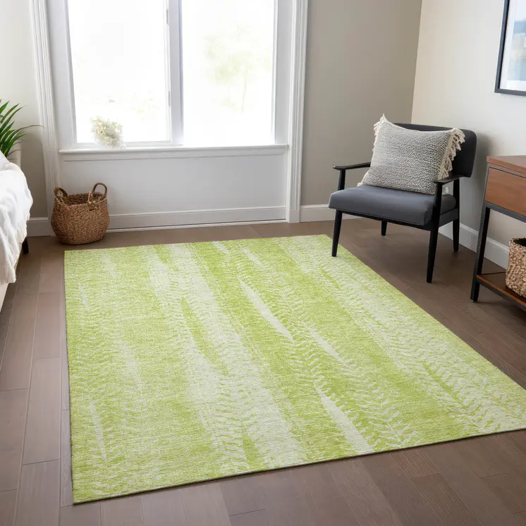 5' X 8' Artichoke Green And Ivory Botanical Leaves Washable Indoor Outdoor Area Rug