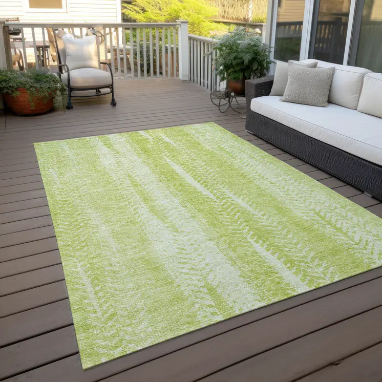 8' X 10' Artichoke Green And Ivory Botanical Leaves Washable Indoor Outdoor Area Rug