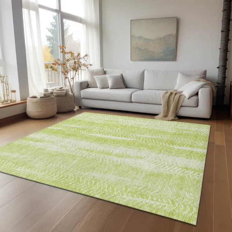 8' X 10' Artichoke Green And Ivory Botanical Leaves Washable Indoor Outdoor Area Rug