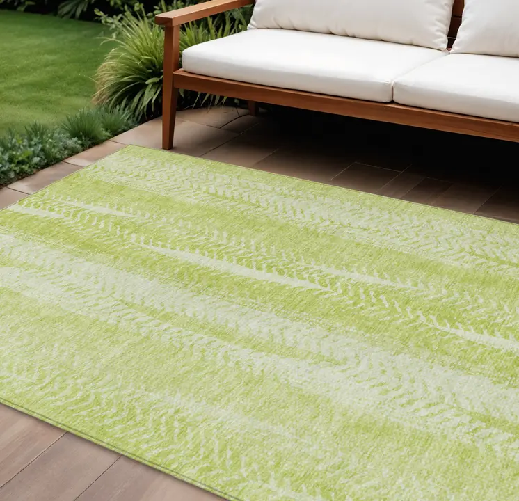 9' X 12' Artichoke Green And Ivory Botanical Leaves Washable Indoor Outdoor Area Rug