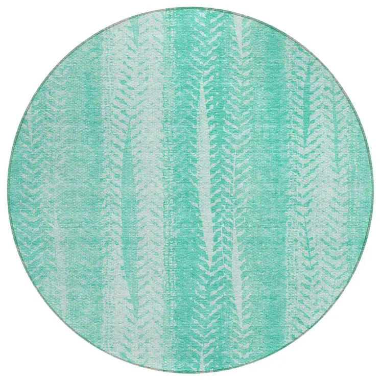 8' Aqua Teal Blue And Ivory Round Botanical Leaves Washable Indoor Outdoor Area Rug
