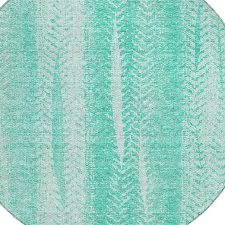 8' Aqua Teal Blue And Ivory Round Botanical Leaves Washable Indoor Outdoor Area Rug