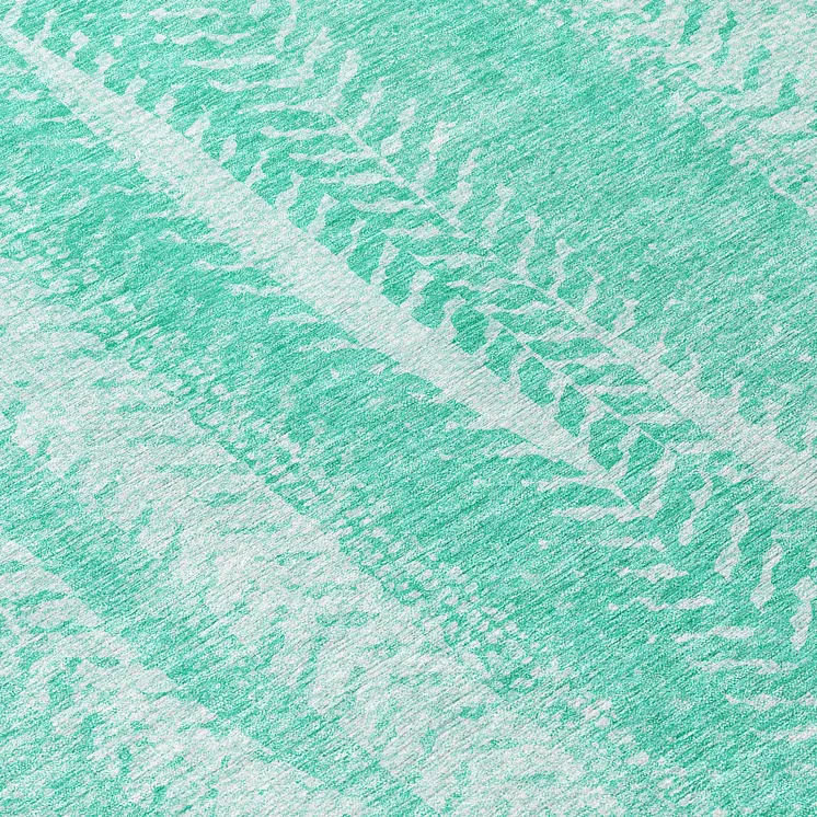 8' Aqua Teal Blue And Ivory Round Botanical Leaves Washable Indoor Outdoor Area Rug