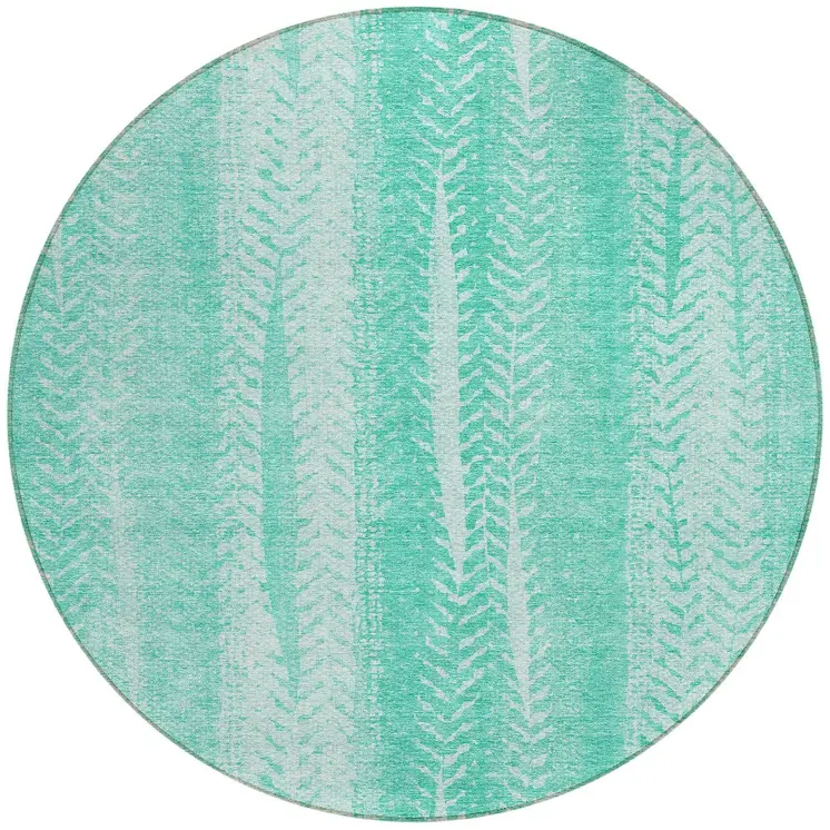 8' Aqua Teal Blue And Ivory Round Botanical Leaves Washable Indoor Outdoor Area Rug