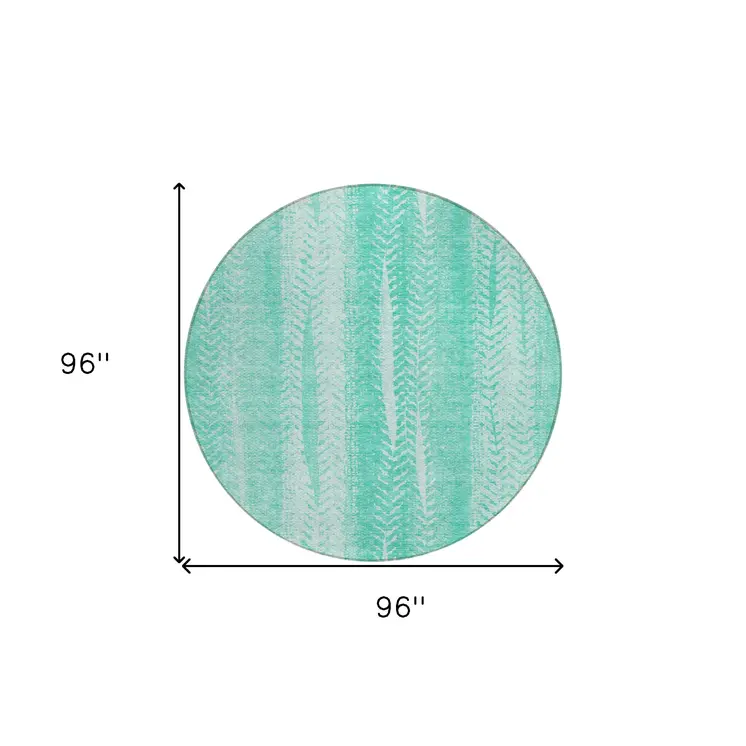8' Aqua Teal Blue And Ivory Round Botanical Leaves Washable Indoor Outdoor Area Rug