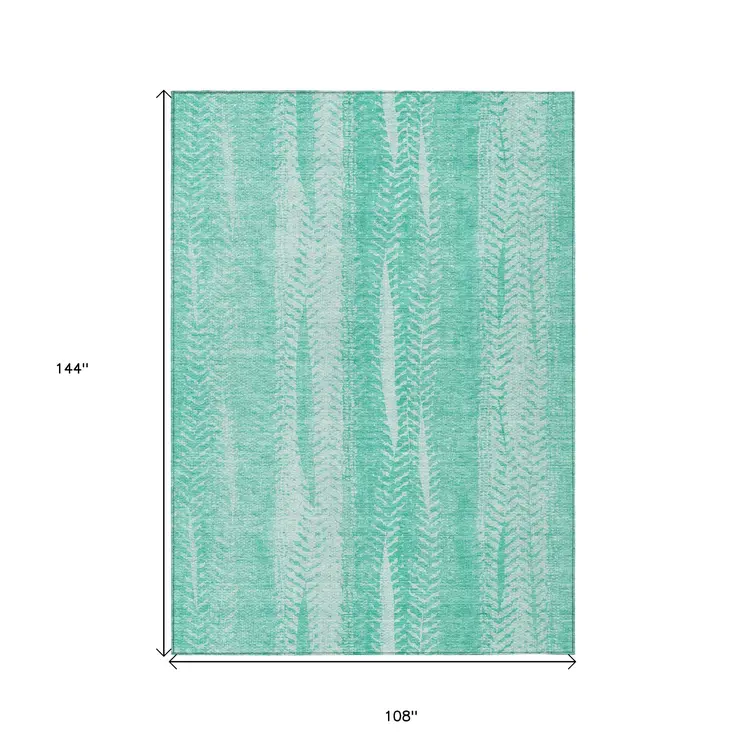 9' X 12' Aqua Teal Blue And Ivory Botanical Leaves Washable Indoor Outdoor Area Rug