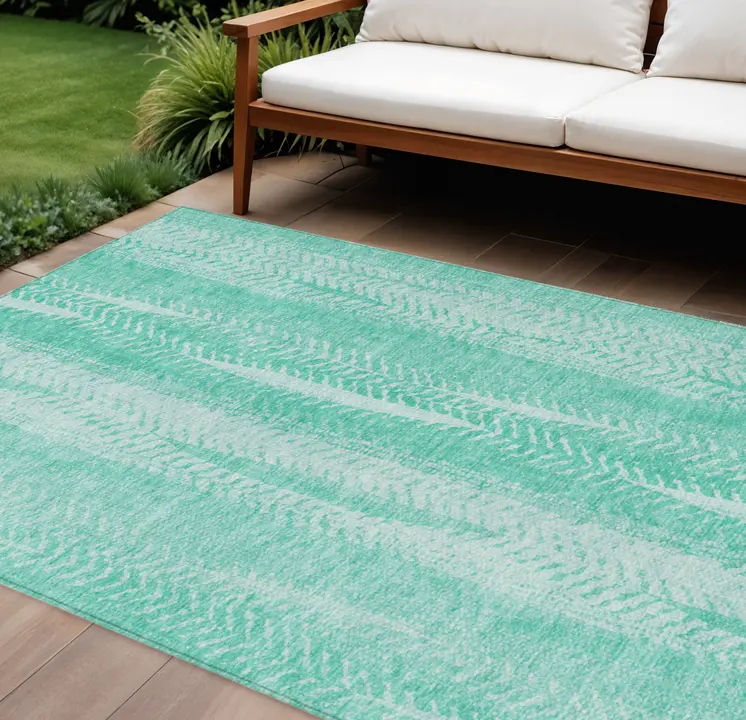 9' X 12' Aqua Teal Blue And Ivory Botanical Leaves Washable Indoor Outdoor Area Rug