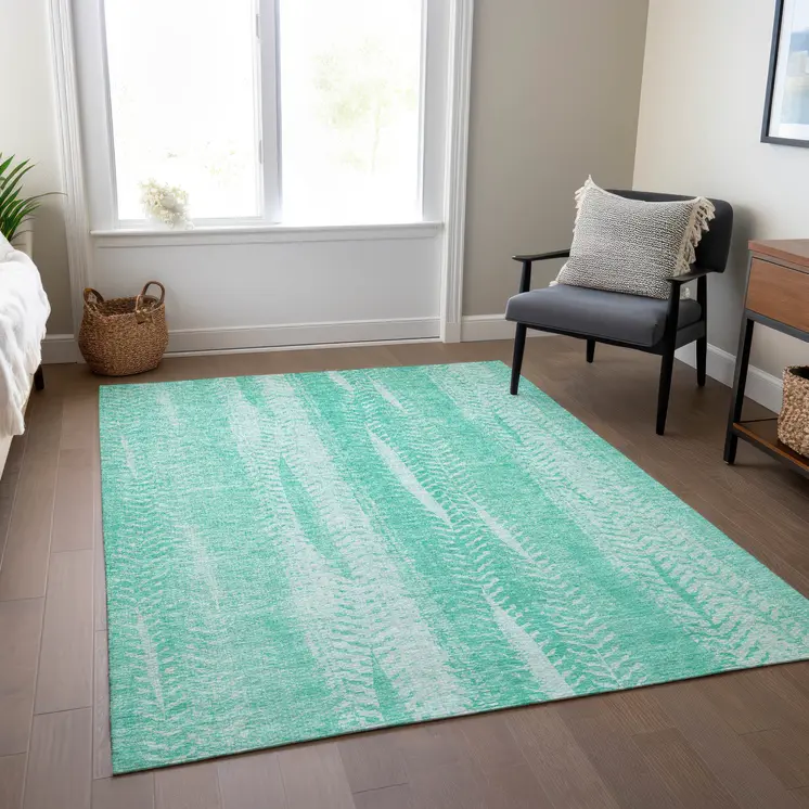 9' X 12' Aqua Teal Blue And Ivory Botanical Leaves Washable Indoor Outdoor Area Rug