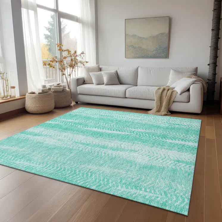 9' X 12' Aqua Teal Blue And Ivory Botanical Leaves Washable Indoor Outdoor Area Rug